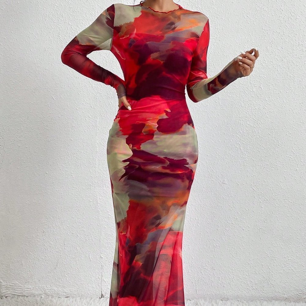 Red Preppy Women's Tie Dye Lettuce Edge Fish Tail Dress - Picture 3 of 5